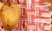 Batata assada recheada e coberta com uma trança de bacon