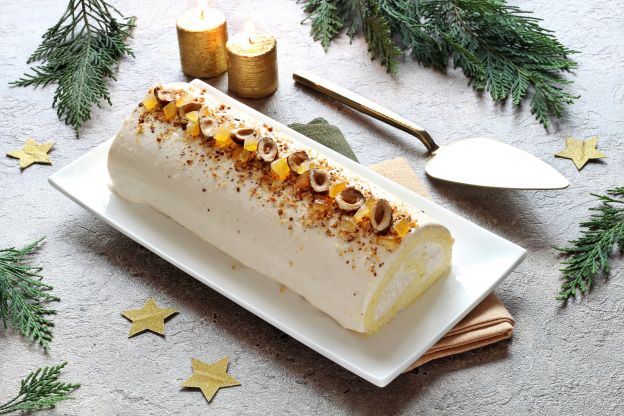 Tronco de natal com creme de avelãs, praliné e laranjas confitadas
