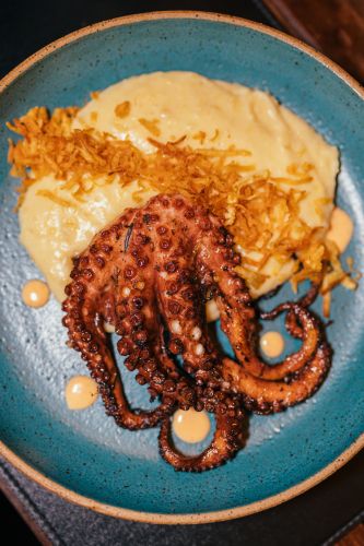 Polvo grelhado com purê cremoso e maionese chipotle