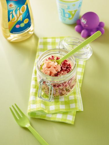 Sêmola com beterraba e salmão