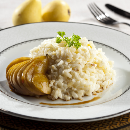 Arroz Com Queijo Brie e Pêra Caramelizada