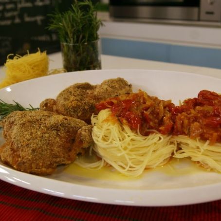 Sobrecoxa de Parmesão no Ninho de Macarrão