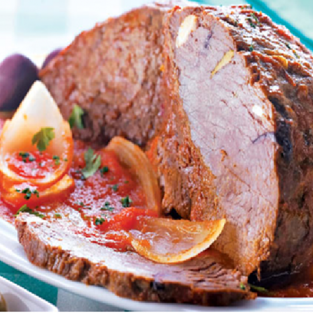 Alcatra cozida na pressão com azeitonas e amêndoas